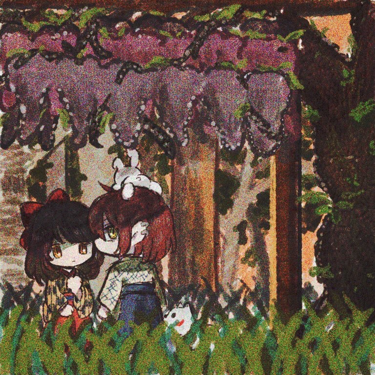 1boy 1girl animal_on_head ayazuki_mei black_kimono black_sleeves blue_hakama bow brown_hair checkered_clothes checkered_kimono checkered_sleeves chibi clenched_hand closed_mouth ear_piercing expressionless face-to-face feet_out_of_frame food forest from_behind fruit grapes grass hair_bow hakama hand_on_own_chest izumi_kyouka_(meiji_tokyo_renka) japanese_clothes kimono long_sleeves looking_at_another looking_at_viewer looking_back medium_hair meiji_tokyo_renka nature no_mouth on_head orange_eyes orange_sky outdoors piercing plaid_kimono plaid_sleeves rabbit rabbit_on_head red_bow red_hakama redhead shaded_face short_hair short_kimono sky sugi_haeru sunset two-tone_kimono two-tone_sleeves white_dog white_kimono white_sleeves wide_sleeves yellow_eyes yellow_kimono yellow_sleeves