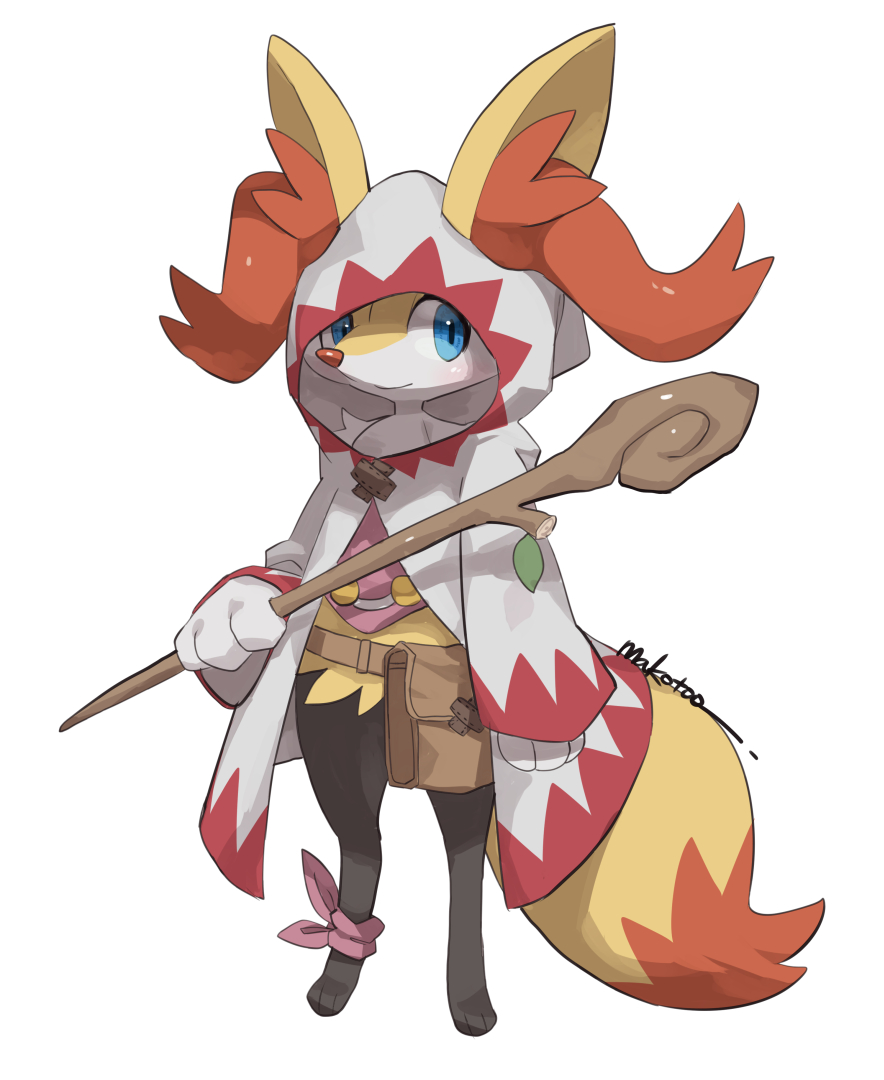 artist_name belt_pouch blue_eyes braixen closed_mouth commentary_request cosplay final_fantasy final_fantasy_i full_body furry holding holding_staff hooded_robe makoto_ikemu orange_fur pokemon pokemon_(creature) pouch red_robe robe simple_background smile snout staff standing tail two-tone_fur two-tone_robe white_background white_mage_(final_fantasy) white_mage_(final_fantasy)_(cosplay) white_robe yellow_fur