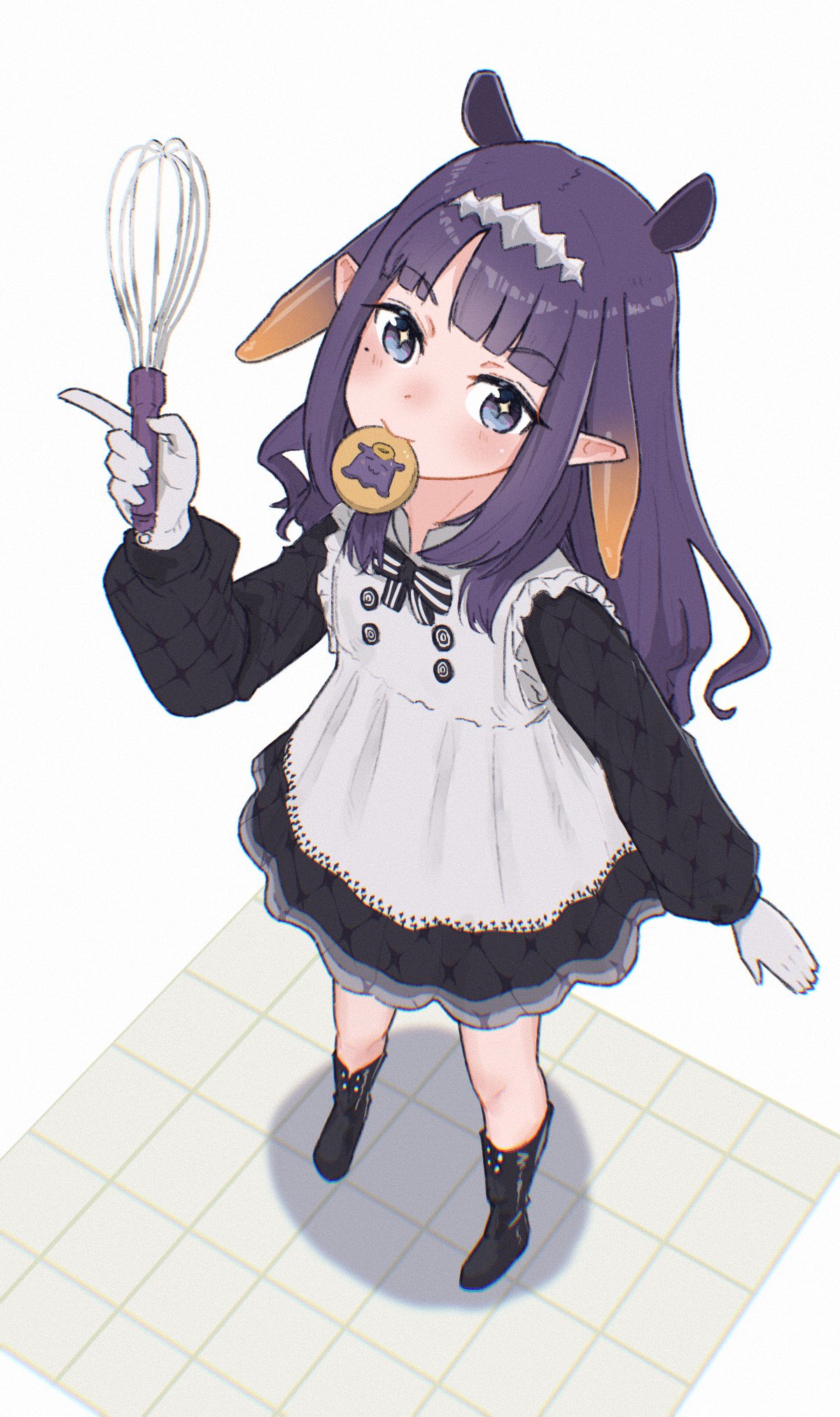 1girl apron black_dress black_footwear blue_eyes cookie dress food gloves highres holding holding_whisk hololive hololive_english long_hair looking_at_viewer mole mole_under_eye mouth_hold ninomae_ina'nis ninomae_ina'nis_(6th_costume) official_alternate_costume pointy_ears purple_hair smile solo tentacle_hair virtual_youtuber waneyeye whisk white_apron white_gloves