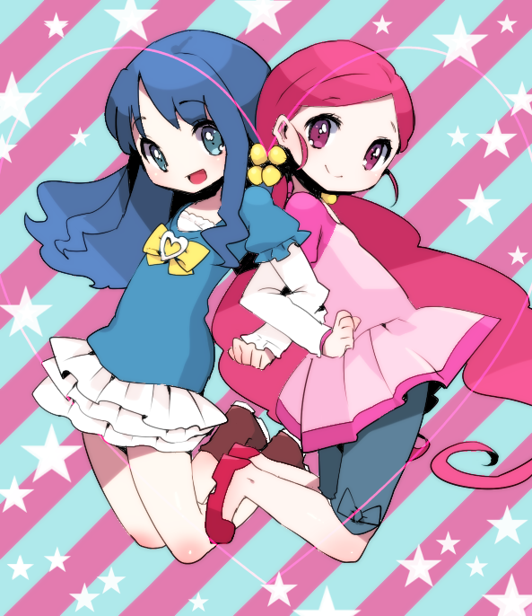 2girls back-to-back blue_background blue_bow blue_eyes blue_hair blue_shirt blue_shorts boots bow bow_legwear bowtie brooch brown_footwear closed_mouth commentary_request eyelashes flower frilled_skirt frilled_sleeves frills full_body hair_flower hair_ornament hanasaki_tsubomi heart heart_brooch heartcatch_precure! high_heels ichihaya jewelry kurumi_erika layered_sleeves light_blush locked_arms long_hair long_sleeves looking_at_viewer low_twintails miniskirt multiple_girls open_mouth pink_background pink_eyes pink_hair pink_shirt pink_sleeves pleated_shirt precure pumps red_footwear shirt short_over_long_sleeves short_sleeves shorts skirt sleeves_past_wrists smile starry_background striped_background twintails two-tone_background very_long_hair wavy_hair white_skirt white_sleeves yellow_bow yellow_bowtie yellow_flower