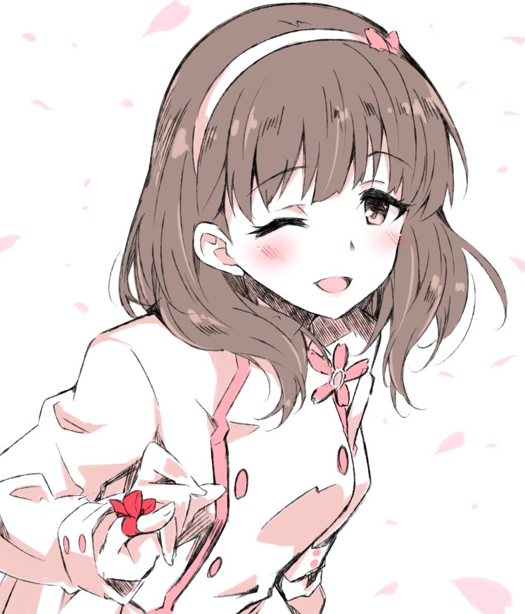 1girl blush breasts brown_eyes brown_hair falling_petals finger_ribbon from_side hairband idolmaster idolmaster_cinderella_girls idolmaster_cinderella_girls_starlight_stage jacket long_sleeves looking_at_viewer medium_breasts one_eye_closed open_mouth petals pink_hairband pinky_out red_ribbon ribbon sakuma_mayu short_hair simple_background smile solo upper_body white_background white_jacket yabudatami