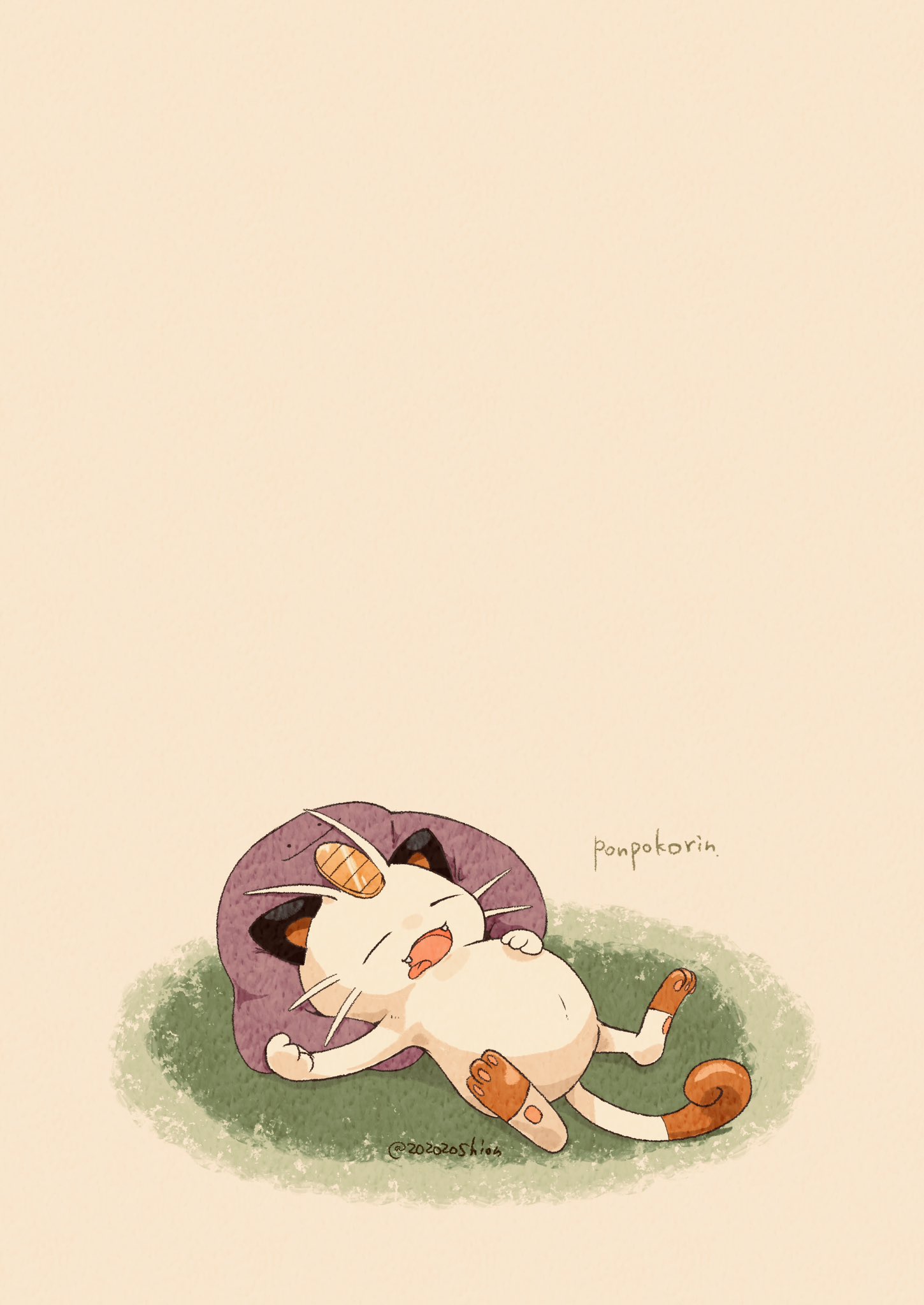 animal_focus artist_name big_belly commentary_request ditto highres lying meowth no_humans on_back on_grass pawpads pokemon pokemon_(creature) simple_background tail twitter_username whiskers white_background zozozoshion