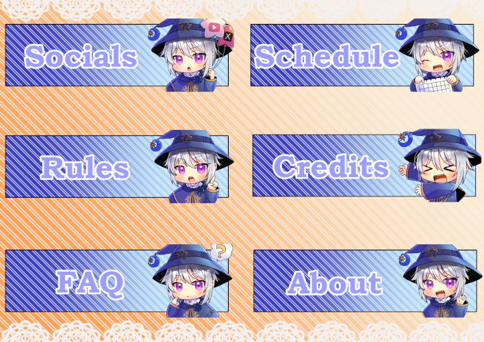 &gt;_&lt; 1girl :d :o ;d ? blue_capelet blue_dress blue_hat border calendar_(object) capelet closed_eyes closed_mouth commentary_request commission copyright_request dress expressions grey_hair hair_between_eyes hat holding index_finger_raised kou_hiyoyo lace lace_border long_sleeves one_eye_closed orange_background ornate_border sharp_teeth skeb_commission sleeves_past_wrists smile spoken_question_mark star_(symbol) striped_background teeth twitter_x_logo violet_eyes virtual_youtuber witch_hat xd youtube_logo