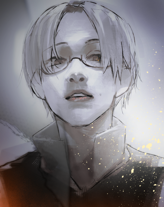 1boy alternate_name_spelling ammenite blonde_hair body_writing choujin_x collared_jacket english_text facing_viewer glasses grey_background higashi_azuma_(choujin_x) jacket lips looking_to_the_side macman_queem_(choujin_x) muted_color yellow_eyes
