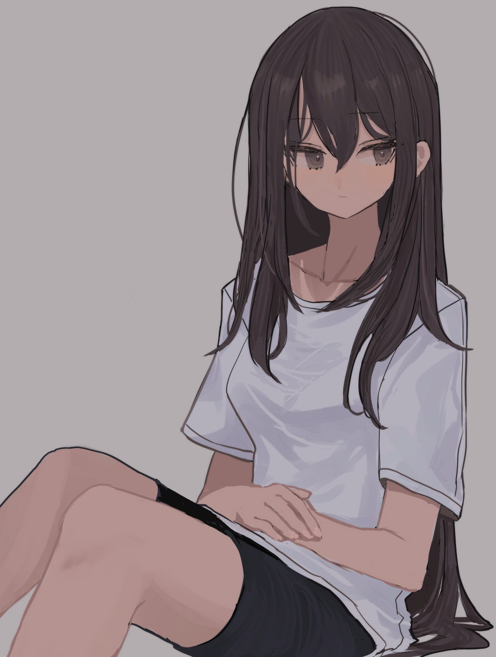 1girl :| black_shorts breasts brown_eyes brown_hair closed_mouth collarbone expressionless feet_out_of_frame hair_between_eyes highres hinomaru_(futagun) knees_together_feet_apart long_hair long_sleeves looking_to_the_side medium_breasts original own_hands_together shirt shorts sidelocks sideways_glance sitting solo straight_hair white_shirt