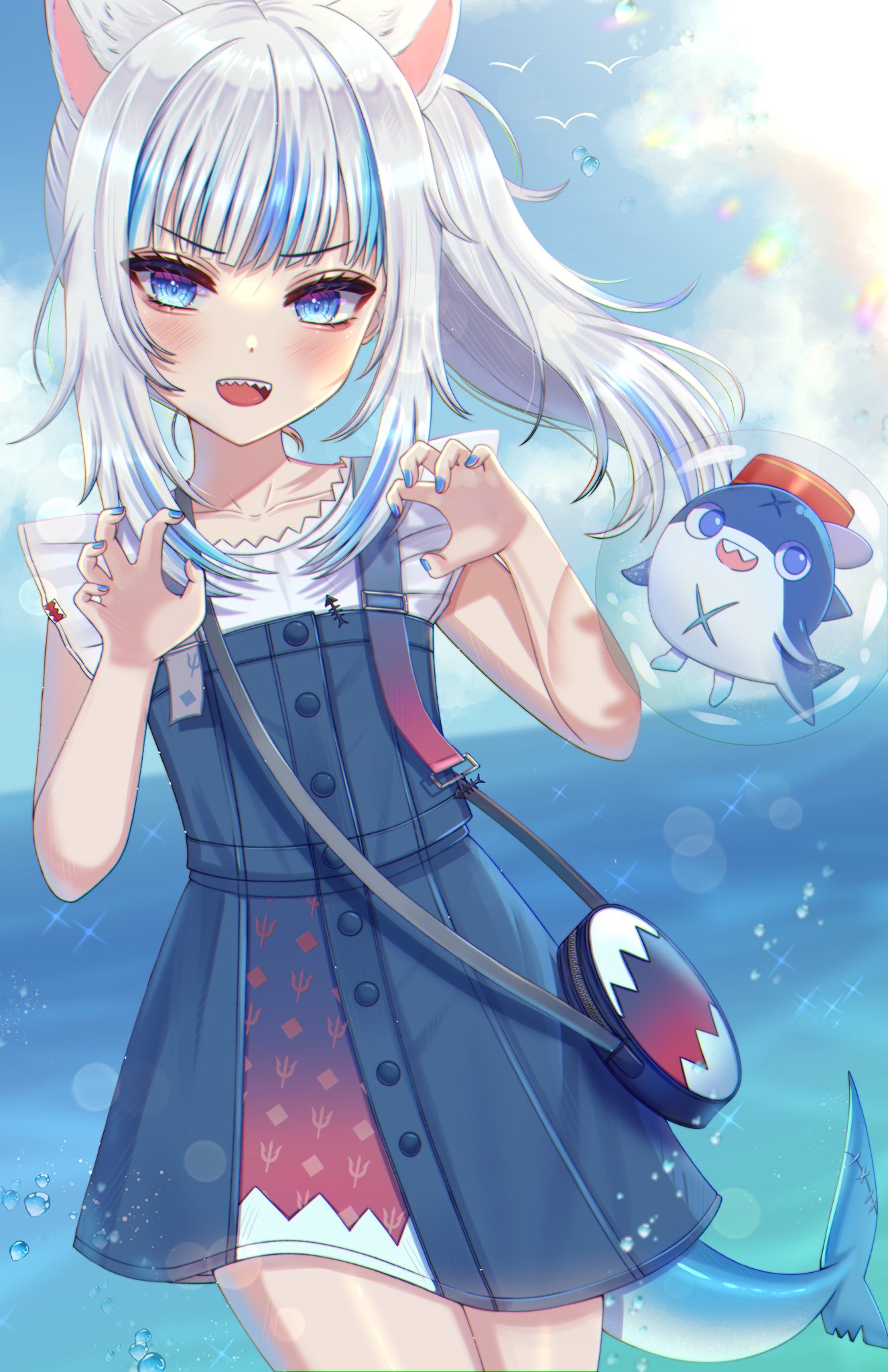 1girl animal_ears bag bird blue_eyes blue_hair blush cat_ears claw_pose clouds fins fish_tail gawr_gura gawr_gura_(casual) grey_hair handbag highres hololive hololive_english looking_at_viewer multicolored_hair ocean official_alternate_costume open_mouth seagull shark_girl shark_tail sharp_teeth shirt side_ponytail smile solo streaked_hair su_niii tail teeth virtual_youtuber