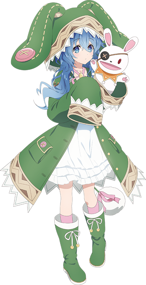 1girl animal_ears blue_eyes blue_hair date_a_live dress eyepatch full_body hair_between_eyes hand_puppet hood long_hair official_art open_mouth puppet rabbit_ears solo standing tachi-e transparent_background yoshino_(date_a_live) yoshinon