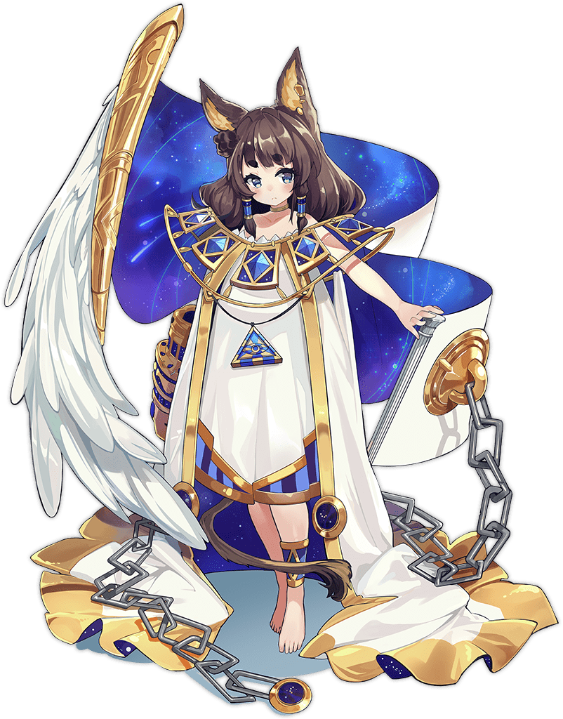 1girl animal_ear_fluff animal_ears ankh anklet ark_order barefoot blue_eyes brown_hair cane cape chain choker constellation_print dress ear_piercing eye_of_horus feathered_wings feathers fox_ears full_body gold_trim hair_tubes jewelry lion_tail long_hair looking_at_viewer mao_ren_tv_xiao_z official_art piercing pillar short_eyebrows sidelocks single_wing solo sphinx_(ark_order) tachi-e tail transparent_background two-sided_cape two-sided_fabric white_cape white_dress white_feathers white_wings wings