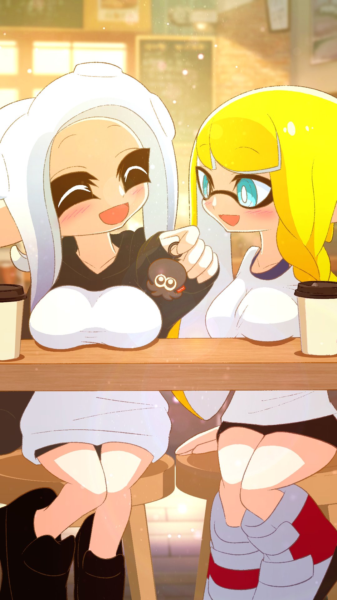 2girls :d ^_^ black_shorts blonde_hair blue_eyes blurry blurry_background breast_rest breasts bright_pupils closed_eyes coffee_cup commentary_request cup disposable_cup highres indoors inkling inkling_girl inkling_player_character kakk_e large_breasts long_hair multiple_girls octoling octoling_girl octoling_player_character on_stool open_mouth shirt shorts sitting smile splatoon_(series) splatoon_3 tentacle_hair white_hair white_pupils white_shirt