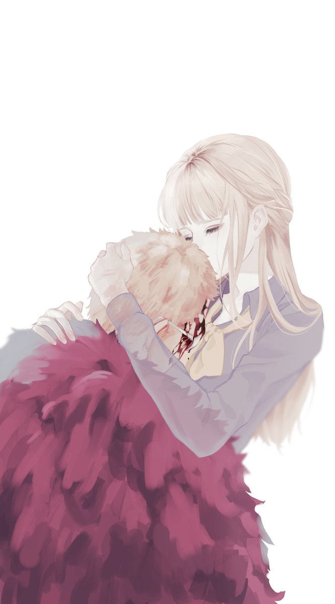 1boy 1girl affectionate bad_id bad_twitter_id blonde_hair blood blood_on_face blunt_bangs bow bowtie closed_eyes coat collared_shirt commentary_request donquixote's_mother_(one_piece) donquixote_doflamingo fur_coat highres hug long_hair long_sleeves mother_and_son one_piece oppaipai shirt short_hair sidelocks simple_background solo white_background