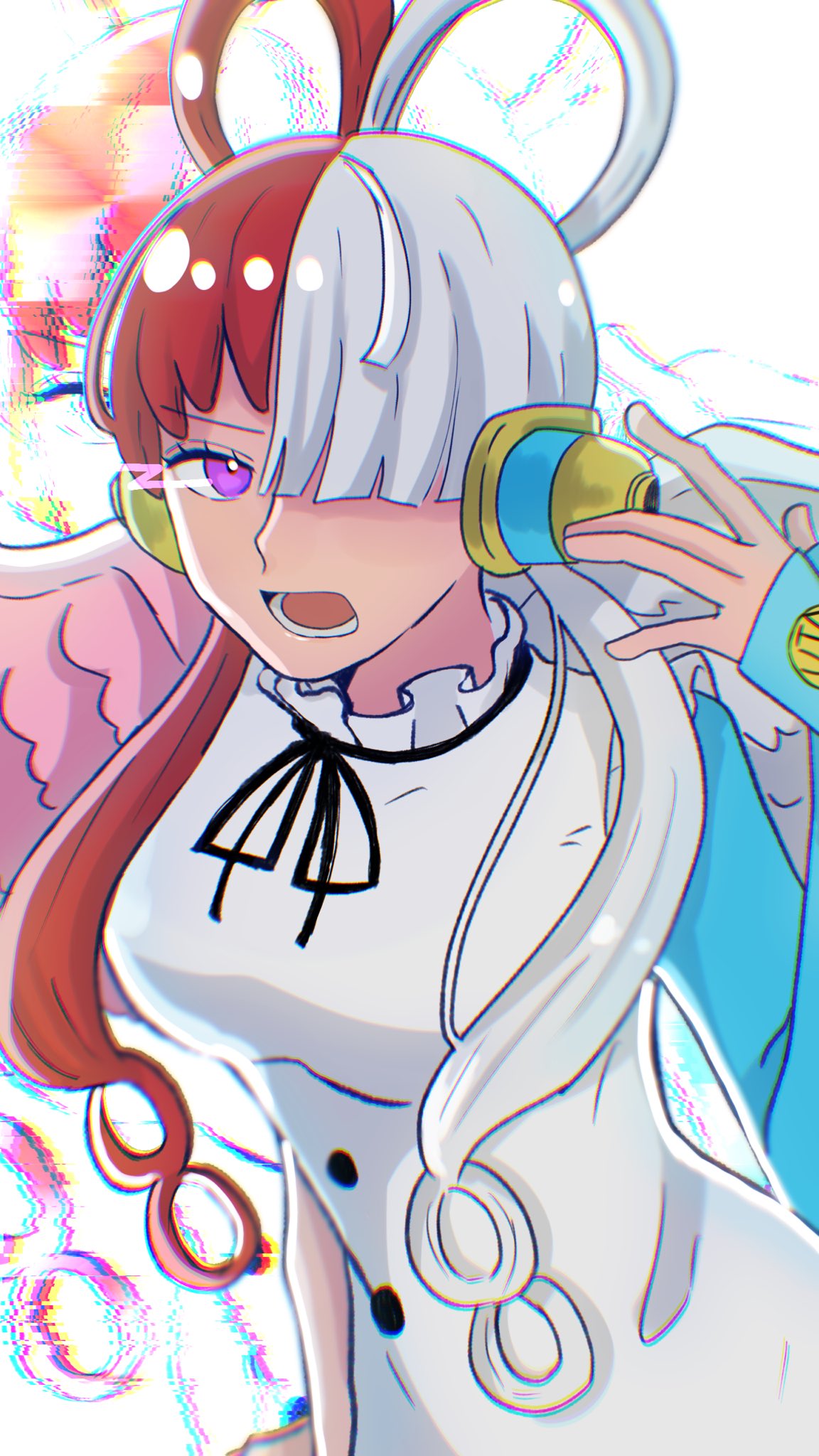 1girl black_ribbon collar commentary_request dress frilled_collar frills hair_over_one_eye hand_on_headphones headphones highres looking_to_the_side lower_teeth_only multicolored_hair neck_ribbon one_piece one_piece_film:_red open_mouth pink_wings redhead ribbon sa_wint solo teeth twintails two-tone_hair upper_body uta_(one_piece) violet_eyes white_dress white_hair white_wings wings