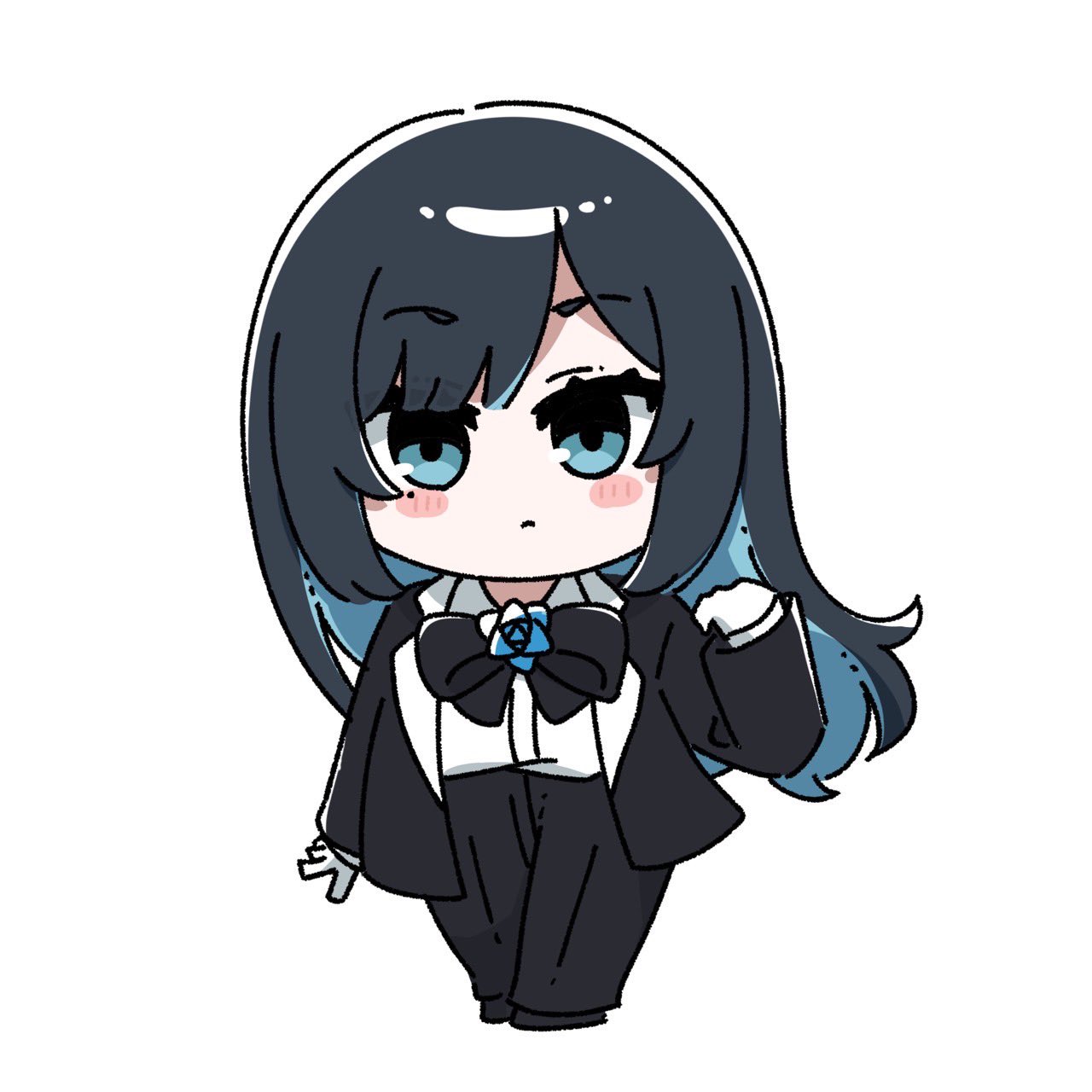 1girl ado_(utaite) black_bow black_bowtie black_coat black_hair black_pants blue_eyes blue_flower blue_hair blue_rose blush bow bowtie chando_(ado) chibi closed_mouth cloud_nine_inc coat collared_shirt colored_inner_hair commentary dress_shirt flower flower_brooch full_body gloves hand_up highres long_sleeves looking_at_viewer mole mole_under_eye multicolored_hair oan_(o_annn) open_clothes open_coat pants rose shirt simple_background solo standing two-tone_hair utaite white_background white_gloves white_shirt