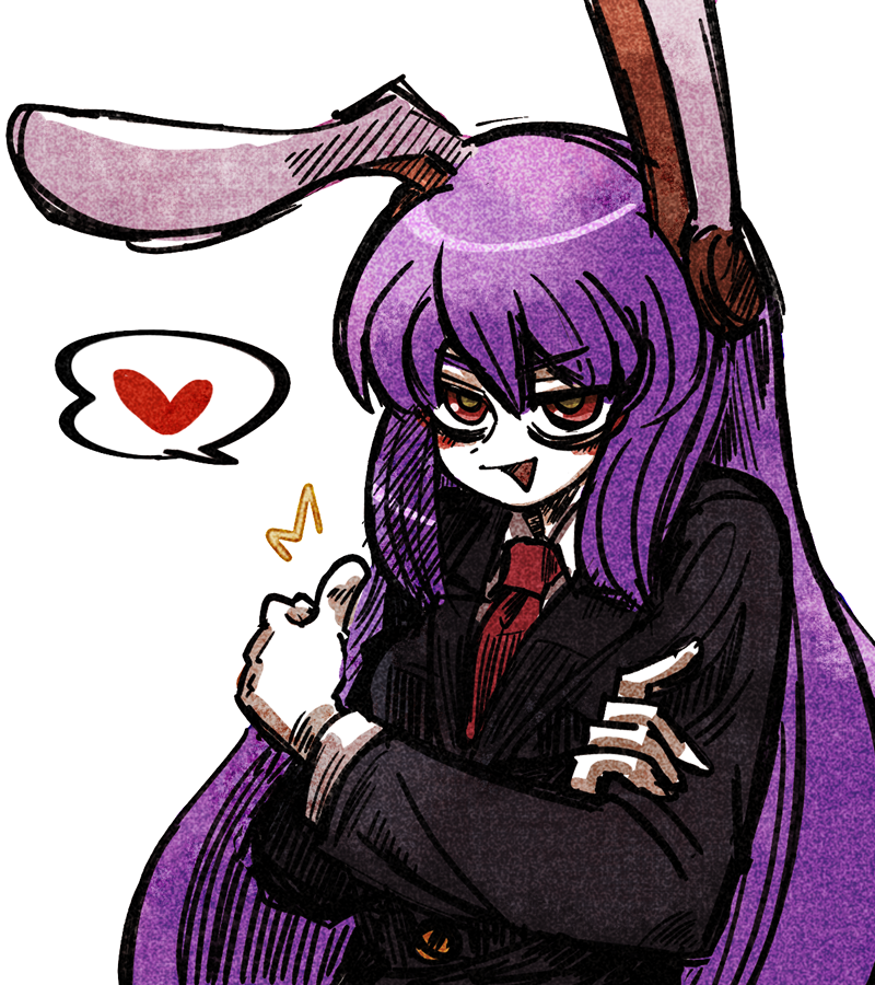 1girl animal_ears black_jacket collared_shirt commentary_request crossed_arms hatching_(texture) heart jacket long_hair long_sleeves looking_at_viewer medium_bangs necktie open_mouth rabbit_ears rabbit_girl red_eyes red_necktie reisen_udongein_inaba shirt simple_background smile solo spoken_heart suenari_(peace) thumbs_up touhou upper_body white_background white_shirt