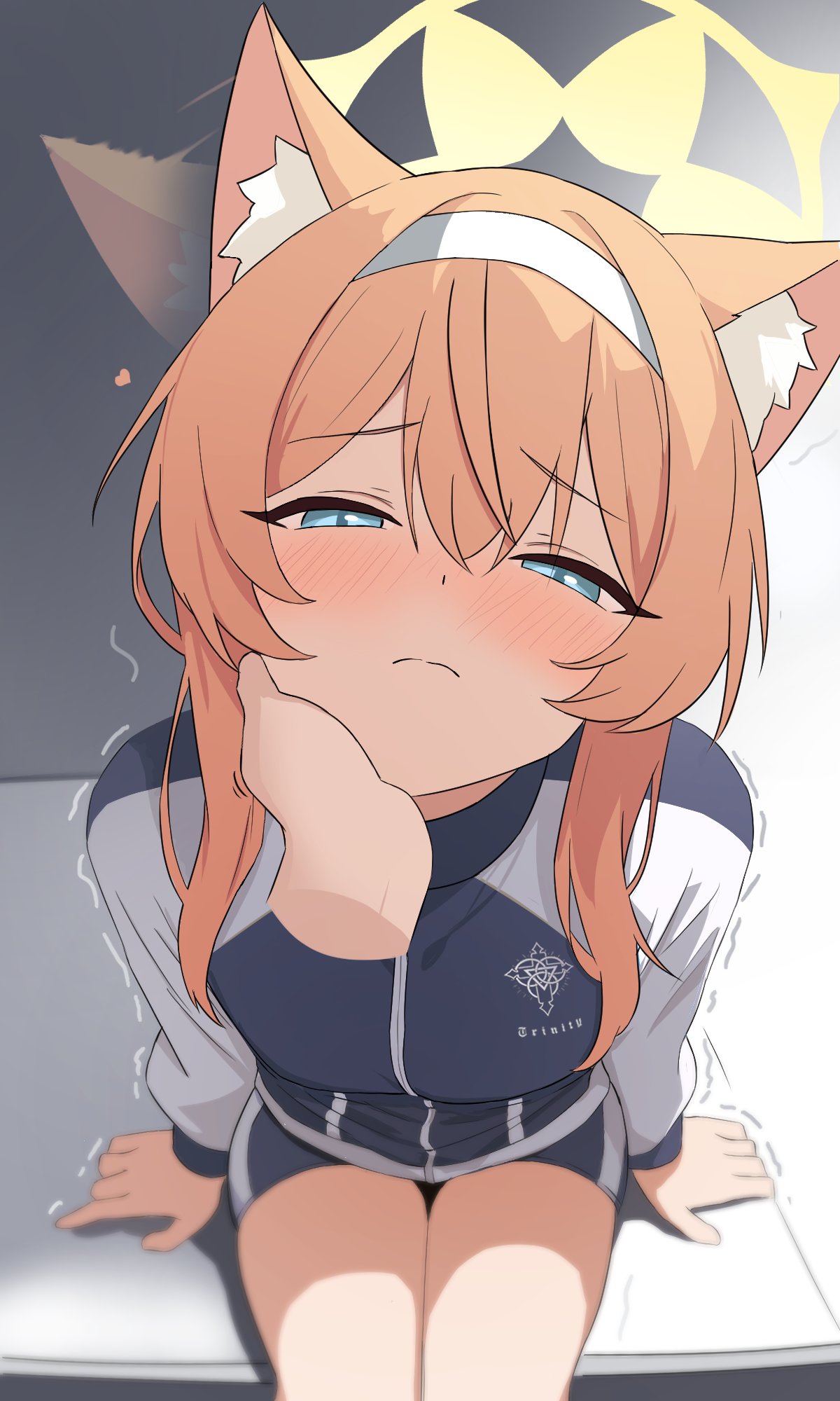 1girl animal_ear_fluff animal_ears arm_support blue_archive blue_eyes blush closed_mouth dutch_angle embarrassed english_commentary foreshortening fox_ears from_above genso_(thereisnosauce) gym_shorts hair_between_eyes hairband halo hand_on_another's_chin heart highres jacket light_smile long_sleeves looking_down mari_(blue_archive) mari_(track)_(blue_archive) official_alternate_costume orange_hair petting pov pov_hands shorts solo thighs track_jacket trembling white_hairband