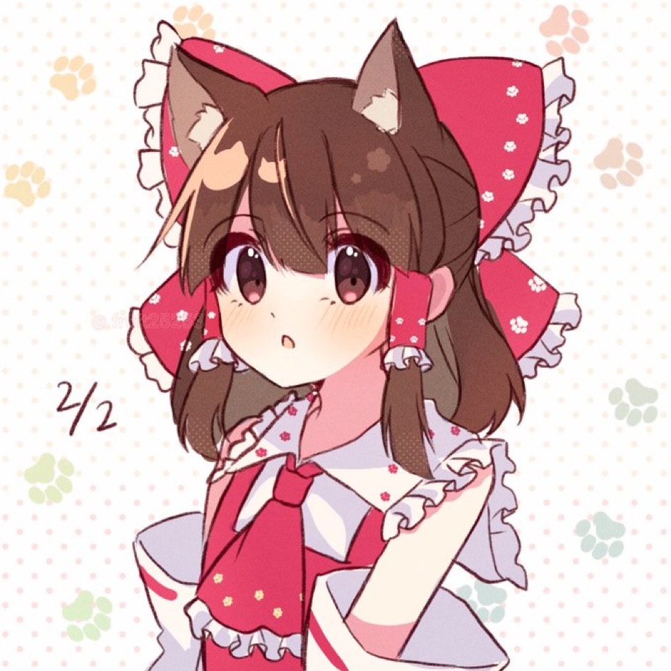 1girl animal_ear_fluff animal_ears ascot blush bow brown_eyes brown_hair cat_day cat_ears commentary_request dated detached_sleeves frilled_bow frilled_hair_tubes frills hair_bow hair_tubes hakurei_reimu kudamono25253 long_hair looking_at_viewer open_mouth paw_print paw_print_background red_ascot red_bow ribbon-trimmed_sleeves ribbon_trim solo touhou