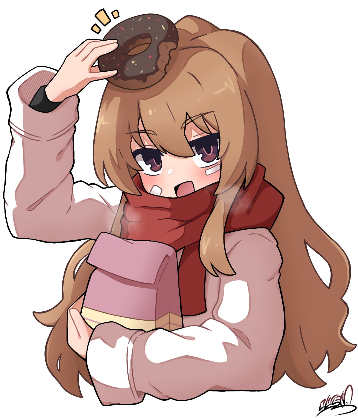 1girl aisaka_taiga bag bandaid bandaid_on_face blush brown_coat brown_eyes carrying_bag coat commentary cropped_torso dot_nose doughnut food food_on_head hair_between_eyes highres koonowen light_brown_hair long_hair long_sleeves looking_at_viewer notice_lines object_on_head open_mouth paper_bag red_scarf scarf sidelocks signature simple_background smile solo straight_hair toradora! upper_body white_background