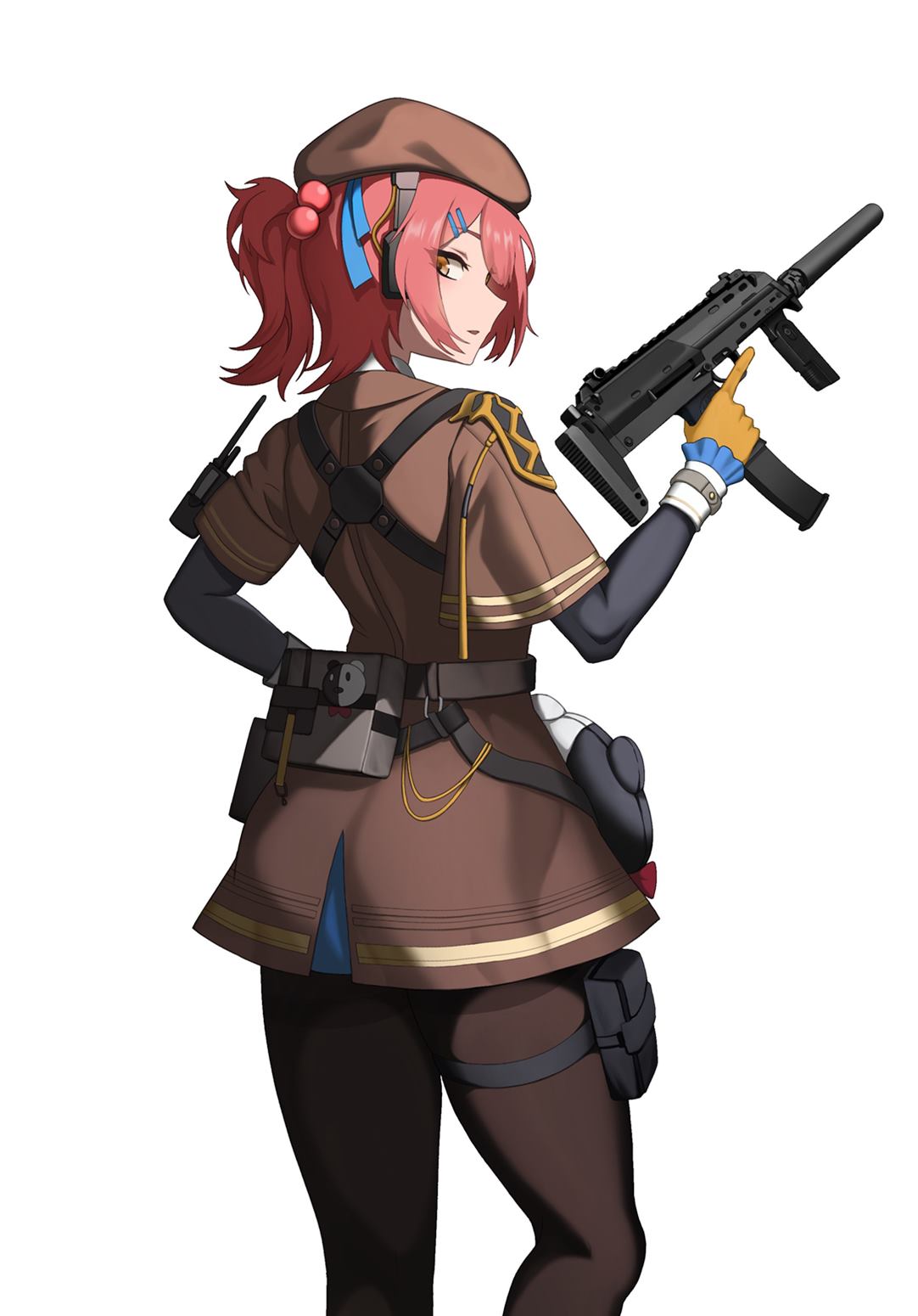 1girl beret brown_dress brown_pantyhose cero_(last2stage) commission dress from_behind girls'_frontline_2:_exilium girls_frontline gloves gun h&amp;k_mp7 hair_ornament hairclip hat highres holding holding_weapon looking_at_viewer looking_back mp7_(girls'_frontline) one_side_up pantyhose pink_hair pouch short_sleeves solo submachine_gun suppressor thigh_pouch trigger_discipline weapon wide_sleeves yellow_eyes yellow_gloves