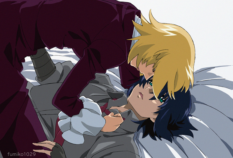 1boy 1girl artist_name athrun_zala blonde_hair blue_hair cagalli_yula_athha clenched_hand couple eye_contact fumiko_(mesushi) girl_on_top green_eyes grey_shirt gundam gundam_seed gundam_seed_freedom hand_on_another's_chest looking_at_another lying on_back on_bed pant_suit pants red_tie shirt suit yellow_eyes