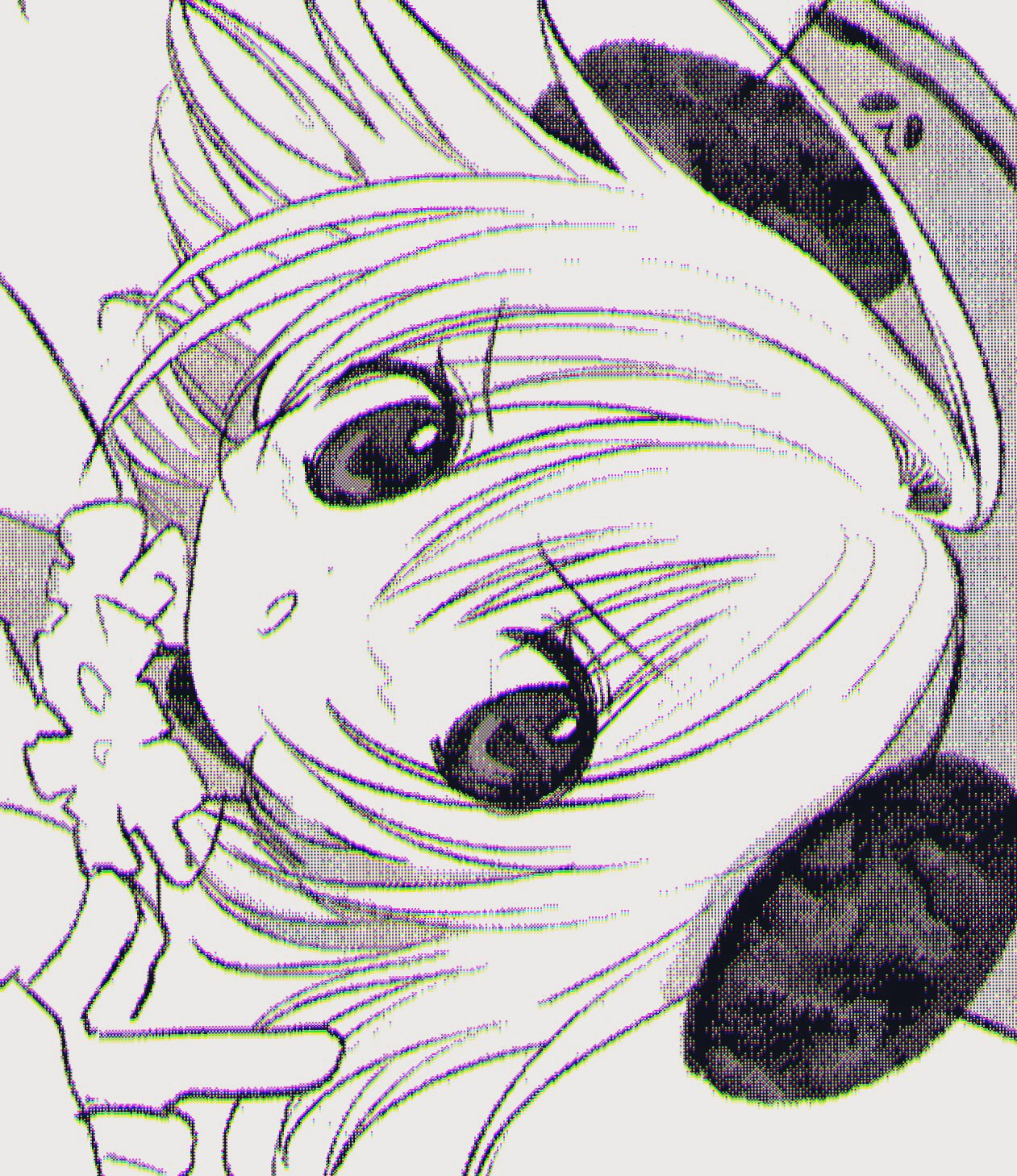 1girl animal_ears chromatic_aberration di_gi_charat dithering frills greyscale hand_up hat highres index_finger_raised looking_at_viewer monochrome panda_ears pepeppepe101 piyoko portrait short_hair sideways solo