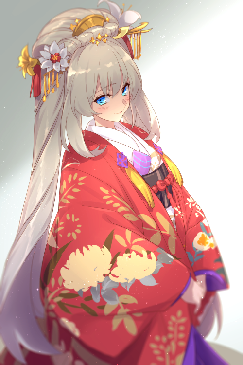 1girl blue_eyes blush breasts echo_(circa) fate/grand_order fate_(series) flower hair_flower hair_ornament hair_stick japanese_clothes kimono long_hair long_sleeves looking_at_viewer marie_antoinette_(fate) marie_antoinette_(the_princess'_pilgrimage)_(fate) medium_breasts obi red_kimono sash sidelocks smile solo twintails very_long_hair white_hair white_kimono wide_sleeves