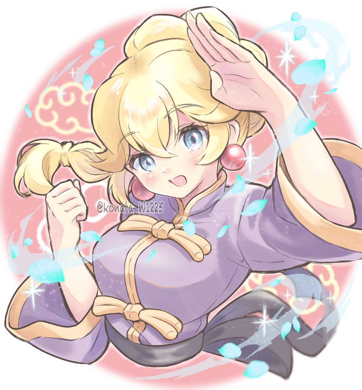 1girl artist_name black_sash blonde_hair blue_eyes braid braided_ponytail changpao chinese_clothes clenched_hand earrings high_ponytail highres jewelry konata_w1225 kung_fu_peach looking_at_viewer official_alternate_costume official_alternate_hairstyle open_mouth princess_peach princess_peach:_showtime! purple_shirt sash shirt solo sphere_earrings super_mario_bros. upper_body waist_sash watermark