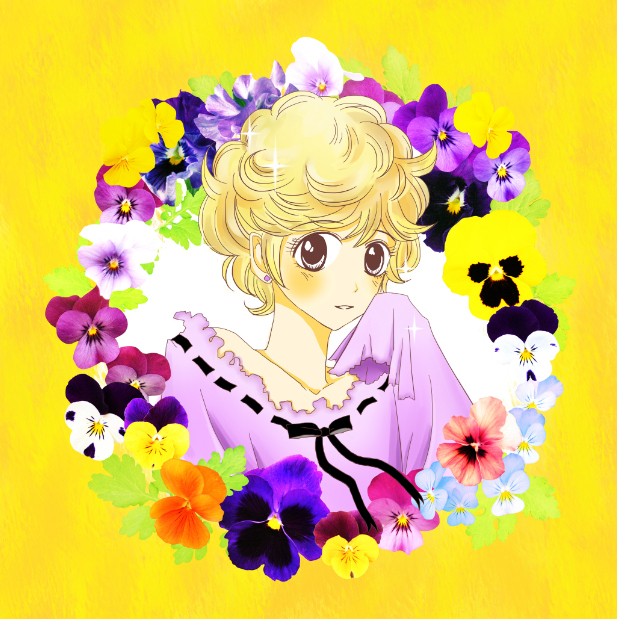 1girl black_ribbon blonde_hair blush commentary_request earrings flower goldenhoney jewelry long_sleeves looking_at_viewer neck_ribbon purple_shirt ribbon shirt short_hair sidelocks smile solo sparkle sugar_sugar_rune upper_body vanilla_mieux violet_(flower) yellow_background