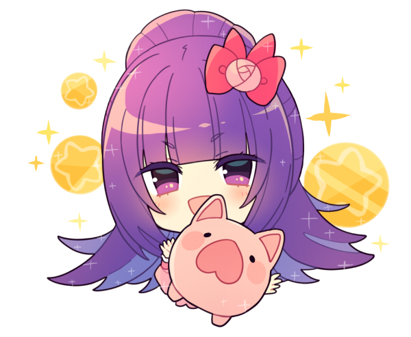 1girl :d bad_id bad_pixiv_id blunt_bangs bow chibi cropped_torso flower hair_bow hair_flower hair_ornament hanazono_shuka idol_time_pripara long_hair looking_at_viewer n_(m_ohkamotoh) open_mouth piggy_bank pink_bow ponytail pretty_series pripara purple_hair smile solo sparkle upper_body violet_eyes white_background