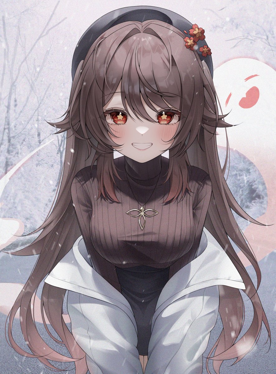 1girl :d alternate_costume arm_support bent_over black_skirt blurry boo_(mario) brown_hair brown_sweater casual coat commentary_request depth_of_field flower_hat genshin_impact ghost grin hair_between_eyes hashtag_only_commentary hat highres hu_tao_(genshin_impact) jewelry long_hair long_sleeves looking_at_viewer luz0207 necklace open_clothes open_coat outdoors pencil_skirt plaid plaid_sweater red_eyes sidelocks skirt smile snowing sweater symbol-shaped_pupils tree turtleneck turtleneck_sweater twintails white_coat winter_clothes winter_coat