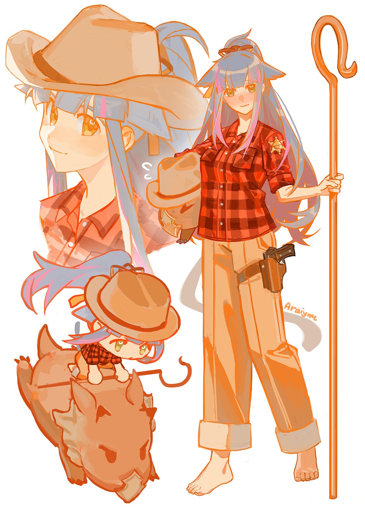 1girl animal animal_ears araiyme arknights artist_name barefoot blush boar brown_hat brown_pants cat_ears cat_girl cat_tail commentary cowboy_hat english_commentary gun handgun hat highres holding holding_animal holster jessica_(arknights) long_hair looking_at_viewer multiple_views pants plaid plaid_shirt ponytail red_shirt riding_boar shepherd's_crook sheriff_badge shirt simple_background sleeves_rolled_up smile tail weapon white_background yellow_eyes