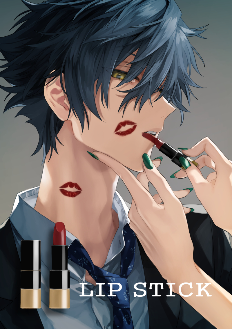 1boy 1girl black_jacket blue_hair blue_necktie collared_shirt cosmetics english_text ensemble_stars! fingernails from_side green_nails hair_between_eyes hand_on_another's_chin holding holding_lipstick_tube jacket lipstick lipstick_mark lipstick_mark_on_face lipstick_mark_on_neck lipstick_tube looking_at_viewer maka_(morphine) makeup male_focus nail_polish necktie parted_lips portrait sazanami_jun shirt short_hair simple_background solo suit teeth upper_teeth_only white_shirt yellow_eyes
