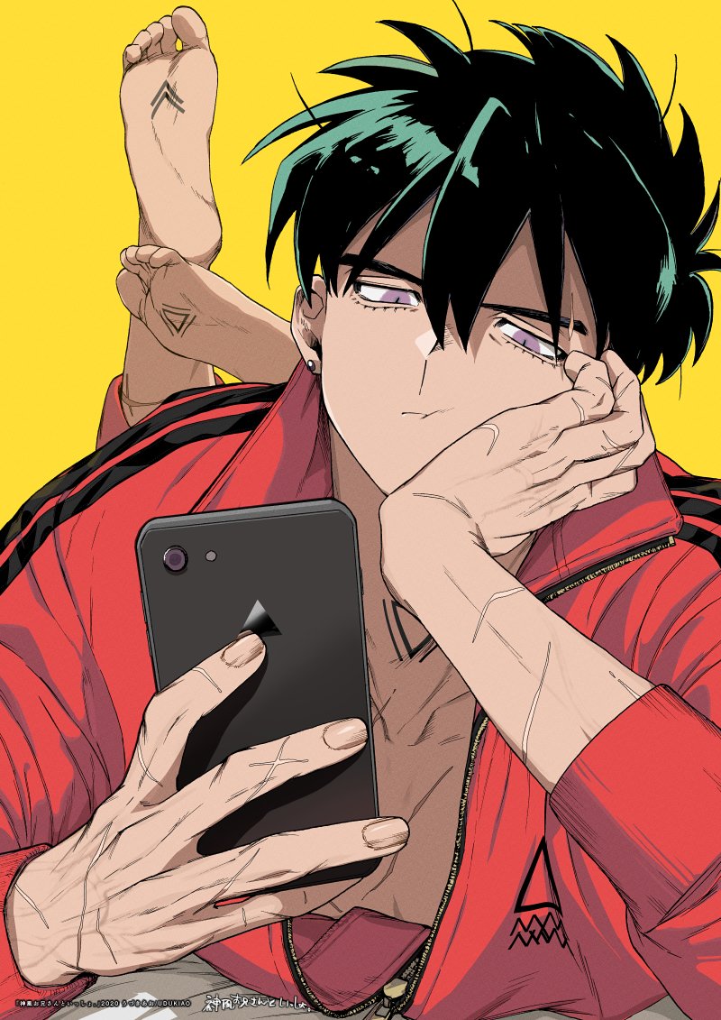 1boy black_hair bored eyelashes foot_tattoo hand_on_own_cheek hand_on_own_face head_rest jacket looking_at_phone lying male_focus messy_hair on_stomach original phone red_jacket scar scar_on_hand thick_eyebrows track_jacket udukiao violet_eyes