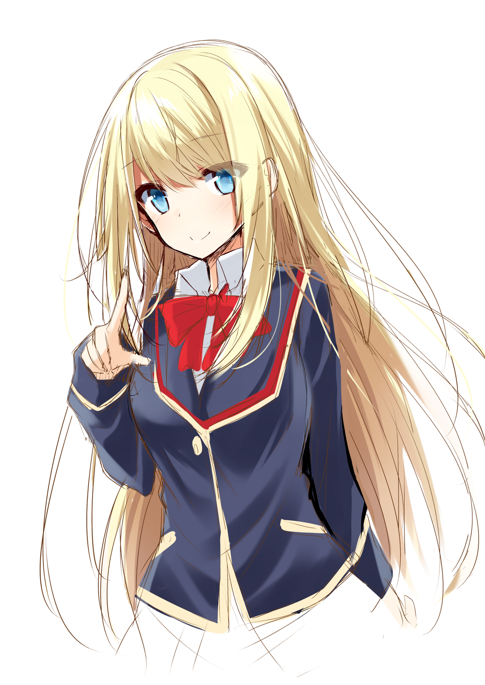 1girl blonde_hair blue_eyes blush bow bowtie chloe_lemaire closed_mouth collar collared_shirt commentary_request eyes_visible_through_hair finger_gun floating_hair girlfriend_(kari) hair_between_eyes hand_up highres kakao_(chocolate_land) long_hair long_sleeves looking_at_viewer red_bow red_bowtie school_uniform shirt simple_background sketch smile solo upper_body very_long_hair white_background white_collar