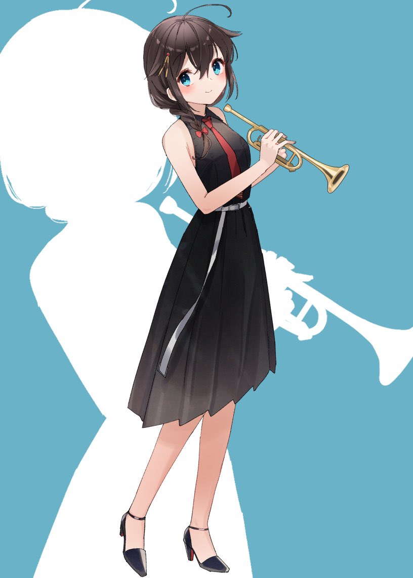1girl ahoge black_dress black_footwear blue_eyes blush braid brown_hair closed_mouth collared_dress dress full_body hair_between_eyes high_heels holding holding_instrument holding_trumpet instrument kantai_collection long_hair necktie one-hour_drawing_challenge red_necktie shigure_(kancolle) shigure_kai_ni_(kancolle) single_braid sleeveless sleeveless_dress smile solo trumpet yamashichi_(mtseven)