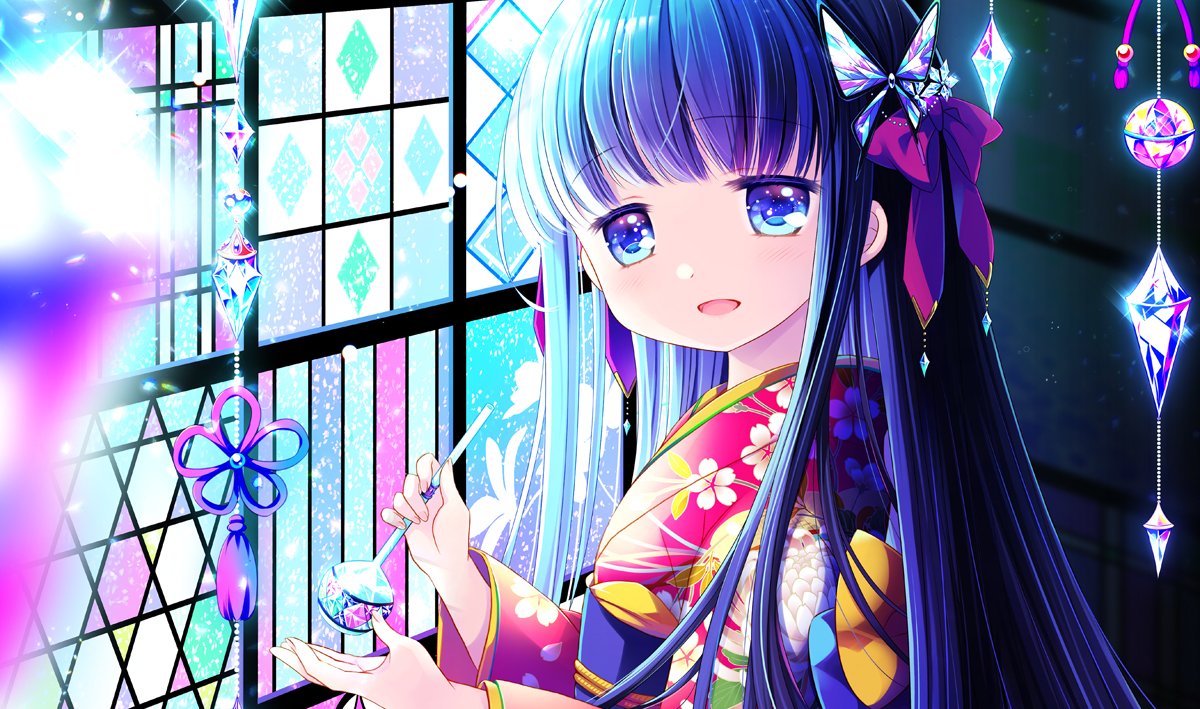 1girl :d blue_eyes blurry blurry_foreground commentary_request copyright_request depth_of_field floral_print holding indoors japanese_clothes kimono long_hair long_sleeves looking_at_viewer looking_to_the_side obi purple_hair purple_kimono sakurazawa_izumi sash smile solo upper_body very_long_hair wide_sleeves window