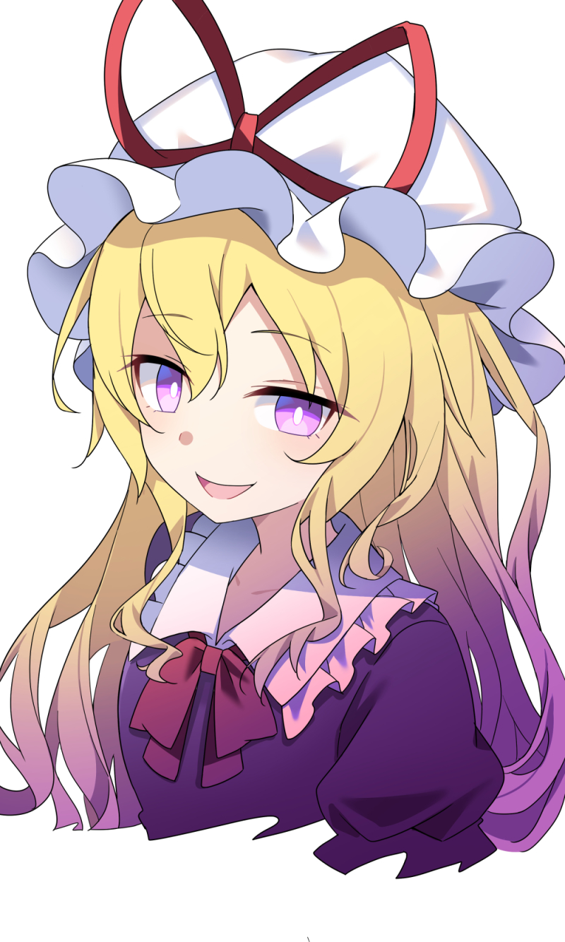 1girl blonde_hair bright_pupils commentary_request e.o. hat highres long_hair looking_at_viewer mob_cap open_mouth simple_background smile solo touhou violet_eyes white_background white_hat white_pupils yakumo_yukari