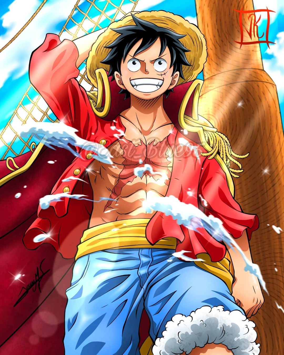 1boy abs bad_source black_hair blue_shirt buttons clenched_hand clouds collared_coat eastblue_95 english_commentary epaulettes hand_on_headwear highres looking_ahead male_focus monkey_d._luffy one_piece open_clothes open_shirt ratline red_shirt scar scar_on_chest scar_on_face shirt short_hair shroud_(sailing) signature sky smile solo twitter_username yellow_shirt