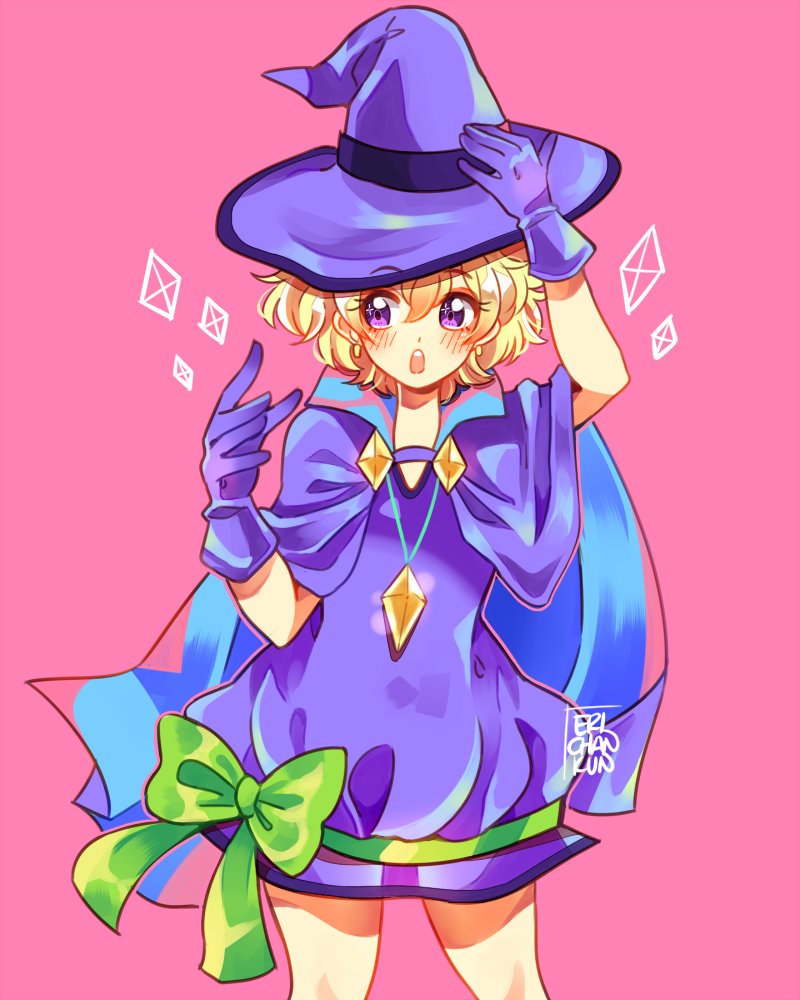1girl artist_name blonde_hair cape coll_(erichankun) commentary_request cowboy_shot gloves green_ribbon hair_between_eyes looking_to_the_side magical_girl pink_background purple_cape purple_gloves purple_hat ribbon short_hair simple_background solo sugar_sugar_rune vanilla_mieux violet_eyes