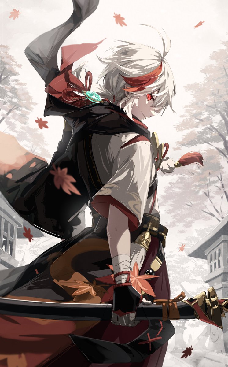 1boy anemo_symbol_(genshin_impact) antenna_hair arms_at_sides autumn_leaves bandaged_arm bandaged_hand bandages falling_leaves fingerless_gloves floating_hair from_side genshin_impact gloves highres holding holding_sheath holding_sword holding_weapon itsumono_katze japanese_clothes kaedehara_kazuha katana leaf light_smile long_hair looking_at_viewer low_ponytail making-of_available male_focus multicolored_hair outdoors parted_lips ponytail redhead scabbard sheath sheathed sideways_glance solo sword two-tone_hair vision_(genshin_impact) weapon wind