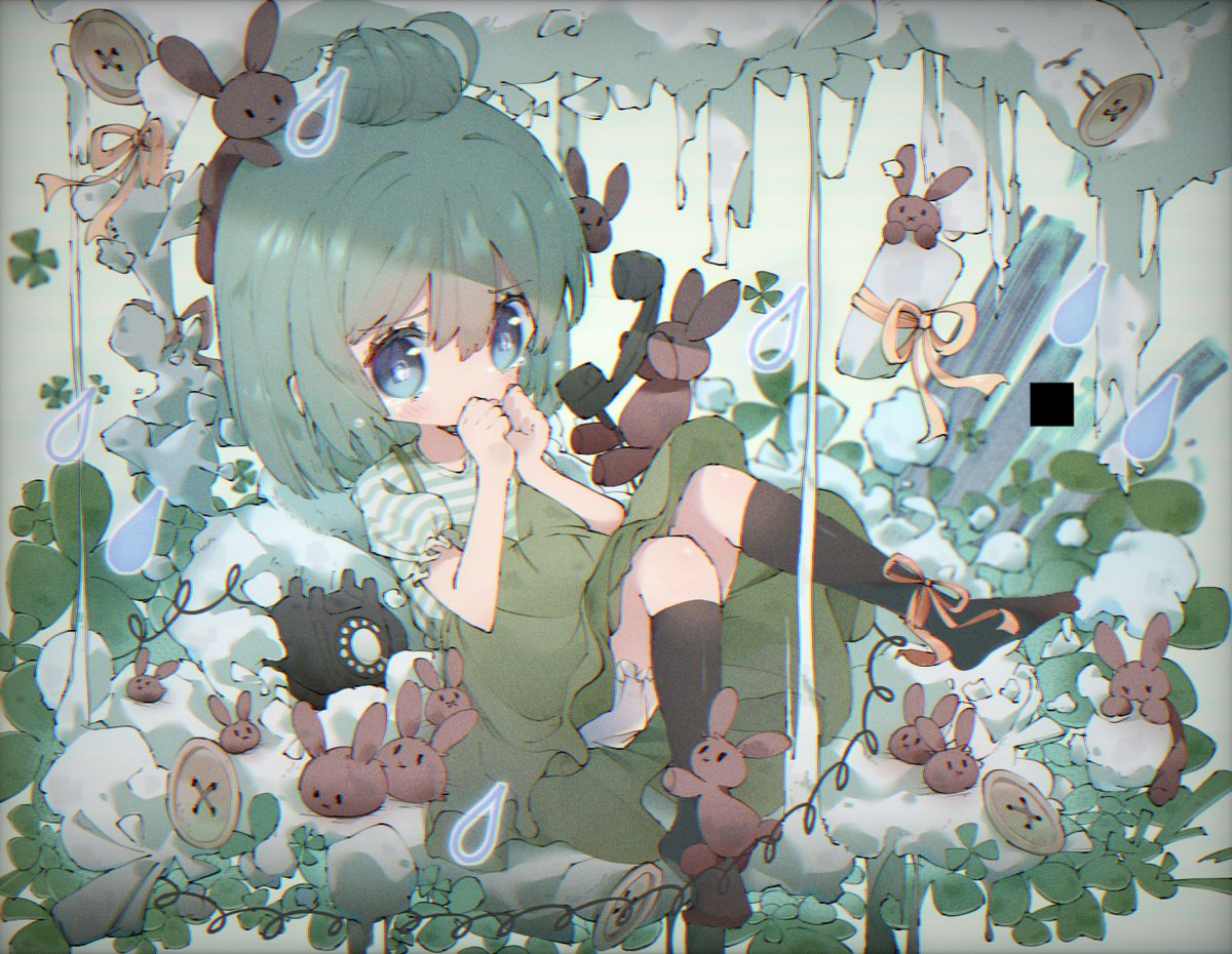 1girl alternate_costume alternate_hairstyle antique_phone aqua_hair bloomers blue_eyes blush brown_rabbit buttons clouds clover covered_mouth covering_own_mouth four-leaf_clover hair_bun hatsune_miku hello/how_are_you_(vocaloid) kneehighs miku_day n_u phone rabbit ribbon rotary_phone shirt single_hair_bun skirt socks striped_clothes striped_shirt stuffed_animal stuffed_toy suspender_skirt suspenders teardrop tearing_up vocaloid white_bloomers yellow_ribbon