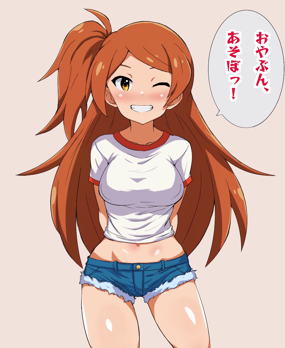 1girl blush breasts collarbone covered_nipples cowboy_shot dot_nose high_side_ponytail highres idolmaster idolmaster_million_live! idolmaster_million_live!_theater_days large_breasts long_hair looking_at_viewer navel nejime_(nejimeinu) ogami_tamaki one_eye_closed open_mouth orange_hair parted_bangs shirt short_sleeves shorts sidelocks simple_background solo speech_bubble thighs white_shirt yellow_eyes