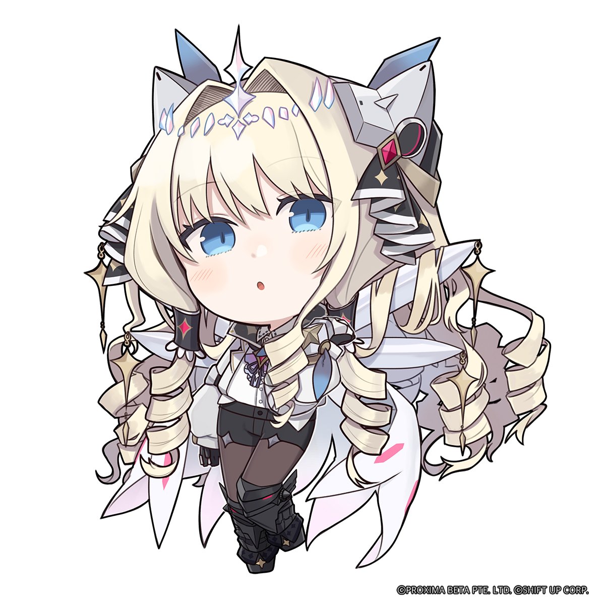 1girl armored_boots black_footwear black_gloves black_shorts blonde_hair blue_eyes boots chibi commentary crown_(nikke) english_commentary frilled_hair_tubes frills full_body gloves goddess_of_victory:_nikke hair_intakes hair_ribbon hair_tubes hand_up headgear highres light_blush long_hair long_sleeves looking_at_viewer neck_ribbon official_art pantyhose puffy_long_sleeves puffy_sleeves ribbon shirt short_shorts shorts solo standing standing_on_one_leg thigh_boots totatokeke very_long_hair white_shirt