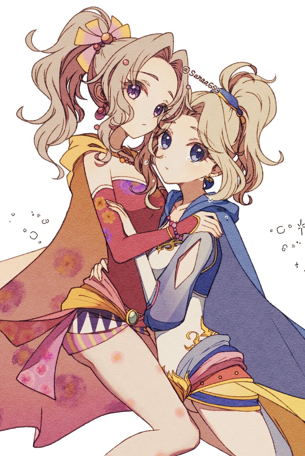 2girls alternate_hairstyle artist_name blonde_hair blue_cape blue_eyes cape celes_chere closed_mouth commentary_request diamond_cutout dress elbow_gloves eyelashes final_fantasy final_fantasy_vi floral_print gloves hair_intakes high_ponytail highres medium_hair multiple_girls pantyhose print_gloves red_cape red_dress red_gloves sana_(sanaa653) short_dress simple_background strapless strapless_dress tears terra_branford twitter_username violet_eyes white_background