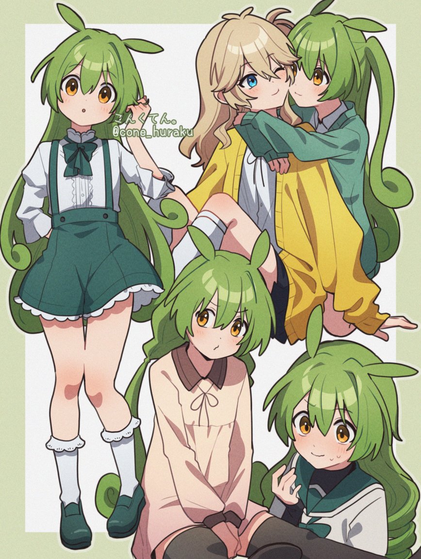 2girls alternate_hairstyle arms_around_neck black_skirt black_thighhighs blue_eyes blush border bow bowtie cardigan closed_mouth collared_shirt cone_huraku curly_hair dot_mouth frilled_skirt frilled_sleeves frills green_bow green_bowtie green_hair hair_between_eyes hair_down hand_up hug kasukabe_tsumugi kneehighs layered_shirt light_brown_hair loafers long_hair looking_at_hand looking_at_viewer low_twintails miniskirt multiple_girls neck_ribbon one_eye_closed orange_eyes parted_lips playing_with_own_hair pleated_skirt puckered_lips ribbon sailor_collar shirt shoes sitting skirt sleeve_cuffs sleeves_past_elbows sleeves_past_wrists socks suspender_skirt suspenders sweat thigh-highs twintails twitter_username two-tone_background v-shaped_eyebrows very_long_hair voicevox white_shirt white_socks yellow_cardigan zundamon