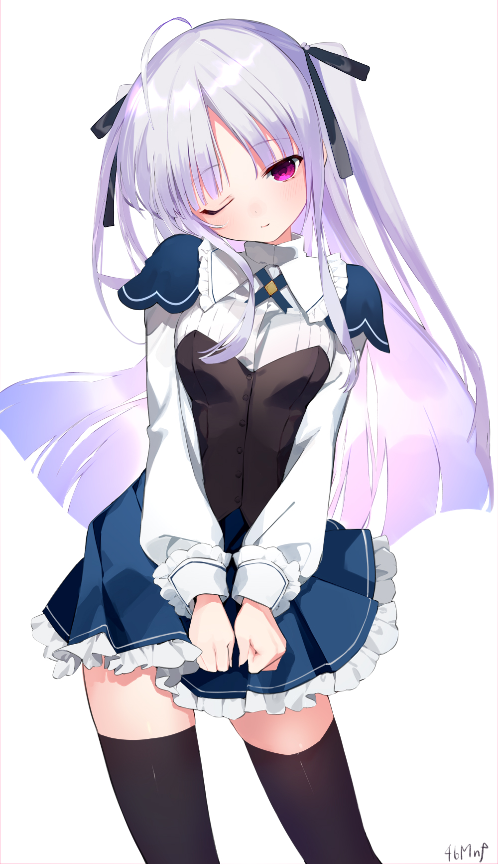 1girl absolute_duo ahoge breasts clenched_hands closed_mouth commentary_request highres long_hair looking_at_viewer one_eye_closed purple_hair shiromonefu signature simple_background small_breasts smile solo thigh-highs violet_eyes white_background yurie_sigtuna