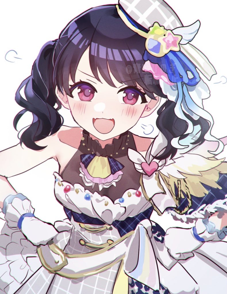 1girl aosoraa6 bare_shoulders beret black_hair commentary_request dress fangs fukumaru_koito gloves hair_ornament hat idolmaster idolmaster_shiny_colors looking_at_viewer mini_hat open_mouth skin_fangs solo twintails violet_eyes white_background white_dress white_gloves