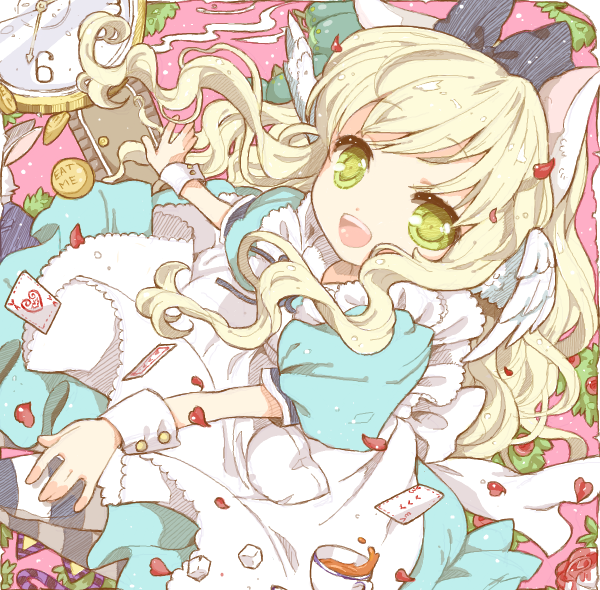1girl :d alice_(alice_in_wonderland) alice_in_wonderland animal_ears apron aqua_dress bad_drawr_id bad_id blonde_hair bow card cat_ears clock coffee_cup cup disposable_cup dress flower green_eyes hair_bow head_wings long_hair looking_at_viewer meiriel open_mouth pink_background playing_card pocket_watch puffy_short_sleeves puffy_sleeves short_sleeves sidelocks smile solo sugar_cube tea teacup teapot teeth upper_teeth_only watch white_apron white_wrist_cuffs wings wrist_cuffs