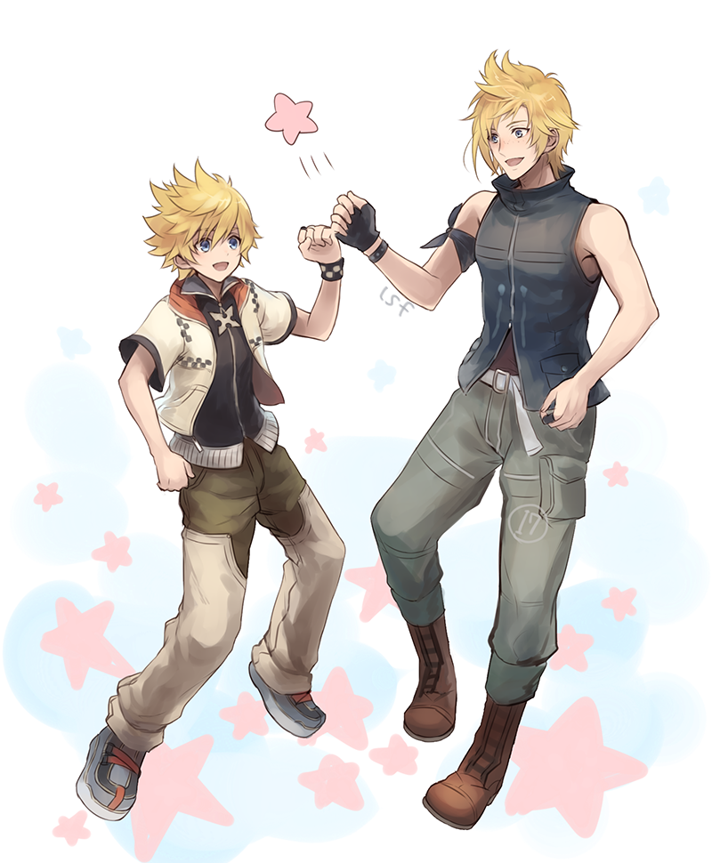 2boys belt black_footwear black_shirt black_vest black_wristband blonde_hair blue_eyes boots brown_footwear brown_pants clenched_hand commentary crossover final_fantasy final_fantasy_xv fingerless_gloves fist_bump freckles full_body gloves grey_pants hand_up happy high_collar jacket jewelry kingdom_hearts kingdom_hearts_ii looking_at_another male_focus multiple_boys multiple_rings open_clothes open_jacket open_mouth pants prompto_argentum ring roxas sasanomesi shirt shoes short_hair signature smile spiky_hair standing star_(symbol) vest white_belt white_jacket wristband