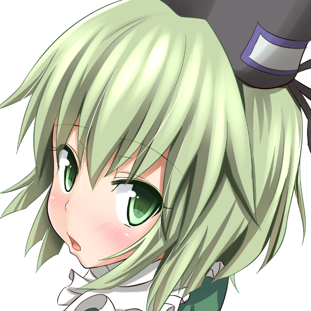 1girl black_hat blush commentary_request gin'you_haru green_eyes green_hair hat looking_at_viewer open_mouth portrait profile_picture simple_background soga_no_tojiko solo tate_eboshi touhou upper_body white_background