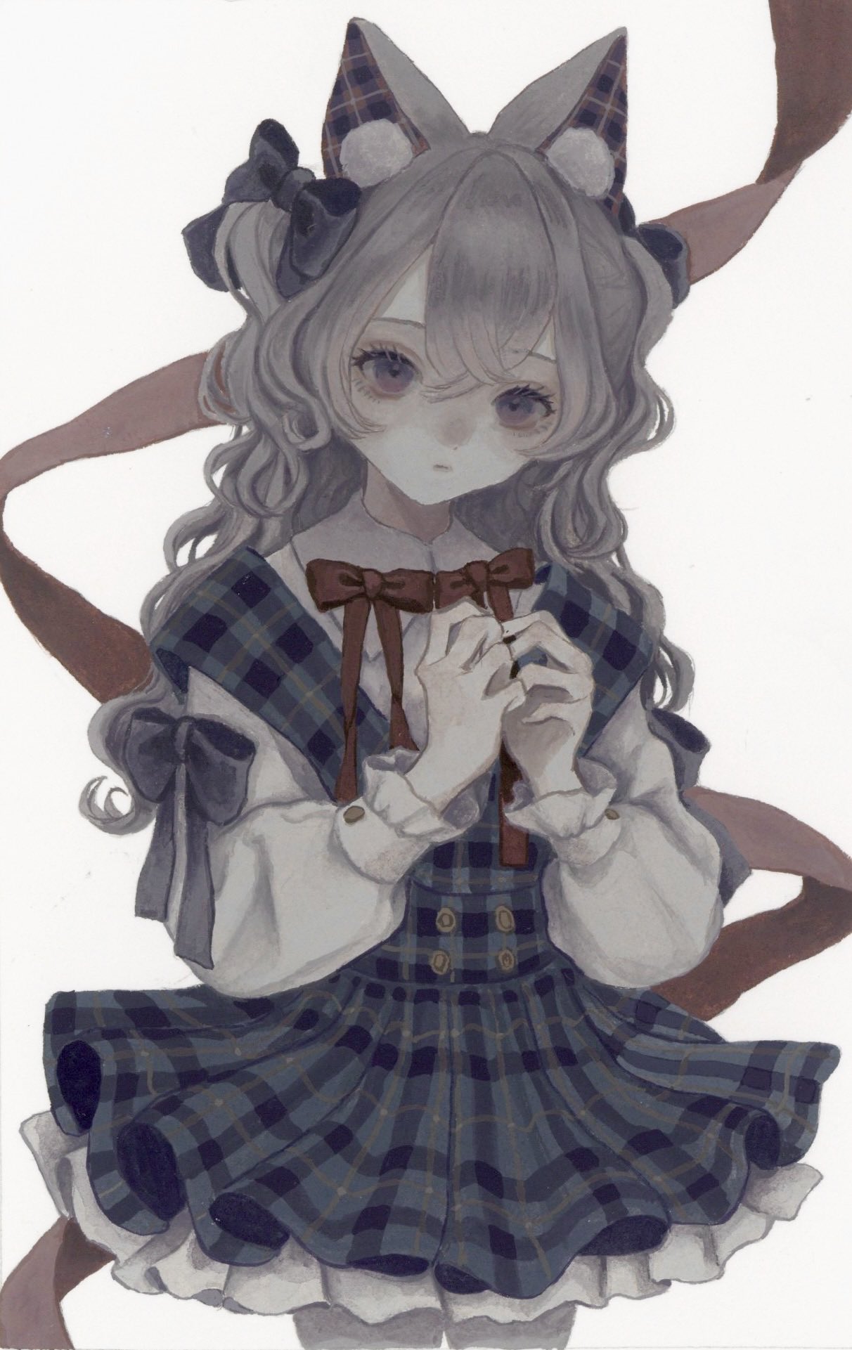 1girl animal_ear_fluff animal_ears black_bow blue_dress bow bowtie cowboy_shot dress frills grey_hair hair_between_eyes hair_bow highres long_hair long_sleeves looking_at_viewer mashiroi_no original parted_lips plaid plaid_dress red_bow red_ribbon ribbon shirt simple_background solo two_side_up violet_eyes wavy_hair white_background white_shirt