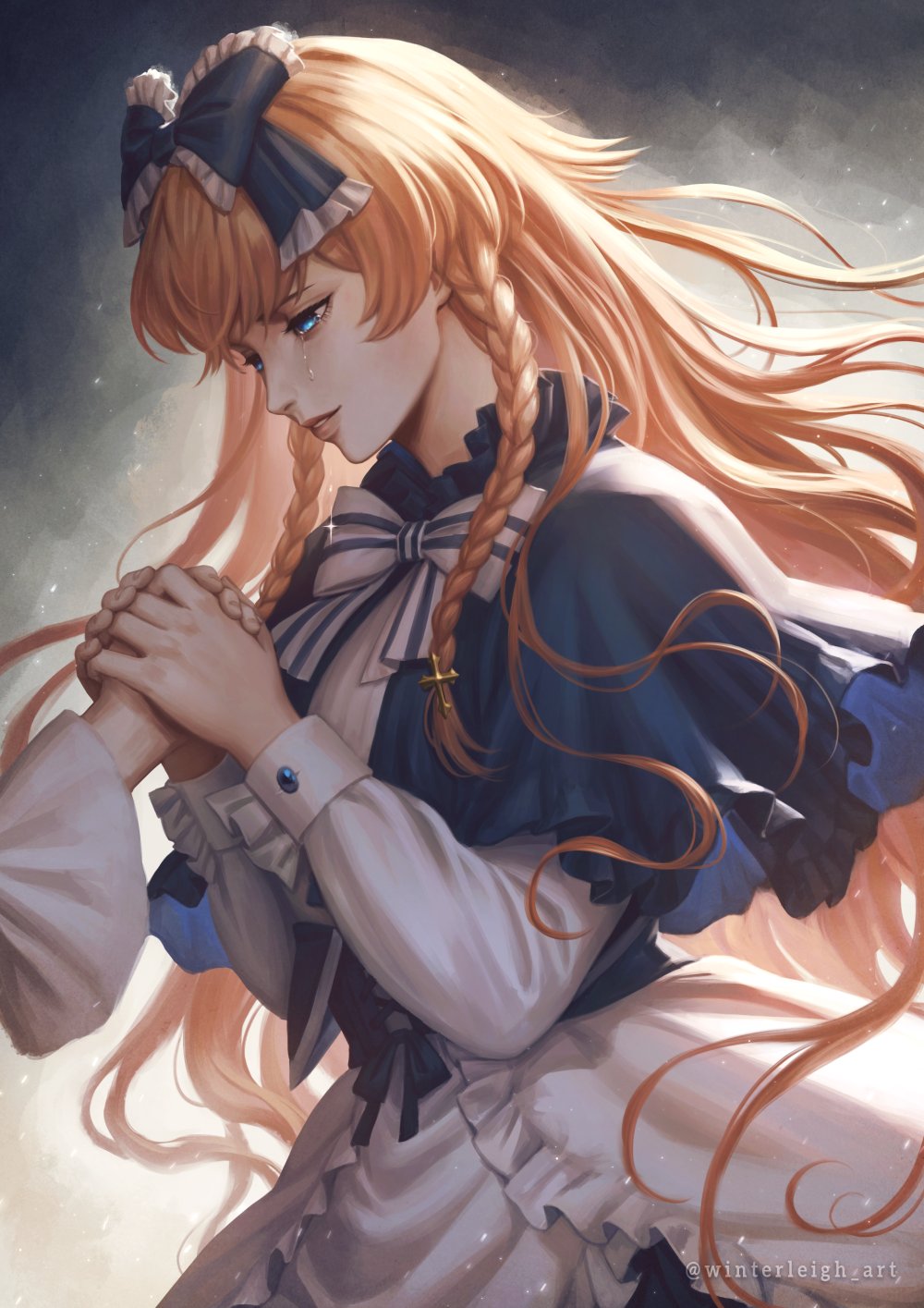 1girl 1other artist_name blonde_hair blue_bow blue_capelet blue_eyes bow braid capelet commentary corset cross_hair_ornament english_commentary frills from_side gradient_background hair_bow hair_ornament harpae highres holding_hands long_hair long_sleeves pocket_mirror puffy_sleeves sad_smile simple_background tears twin_braids white_corset winterleigh wrist_cuffs